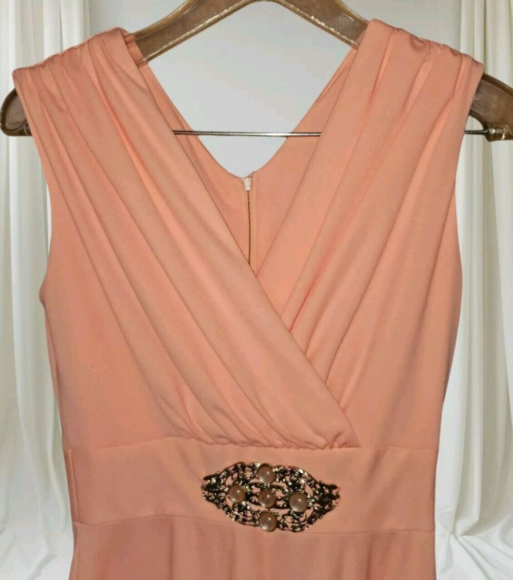 Vintage 1970's Formal Dress Size S Bridesmaid Prom Dress Coral Orange Sleeveless - Picture 4 of 5